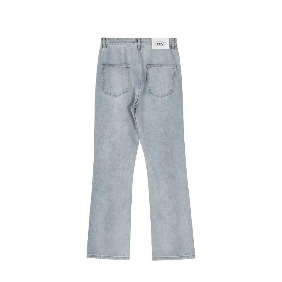 Men's High Street American Retro Washed Denim Jeans Loose Fit Slightly Flared Wide Leg Floor Length Slimming Blue Jeans_mkmklike.com