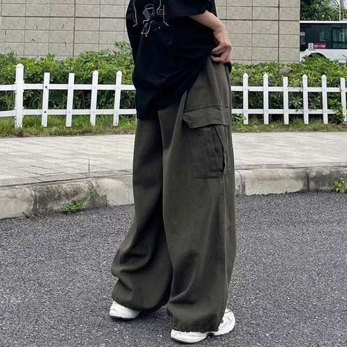 Streetwear Work Pants for Men - Japanese High Street, Harajuku Style, Straight Leg, Loose Fit, Trendy Hong Kong Style, Retro Wide Leg Pants - Dropshipping One Piece
