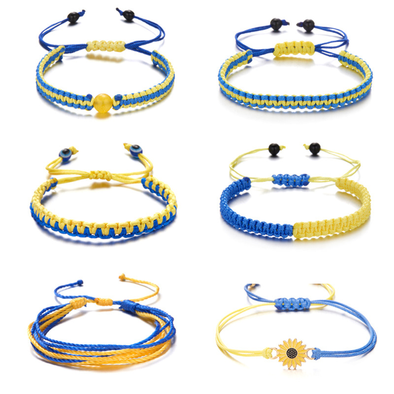 跨境热销 创意拼色乌克兰手环 乌克兰黄蓝色手链手工编织可调手链
