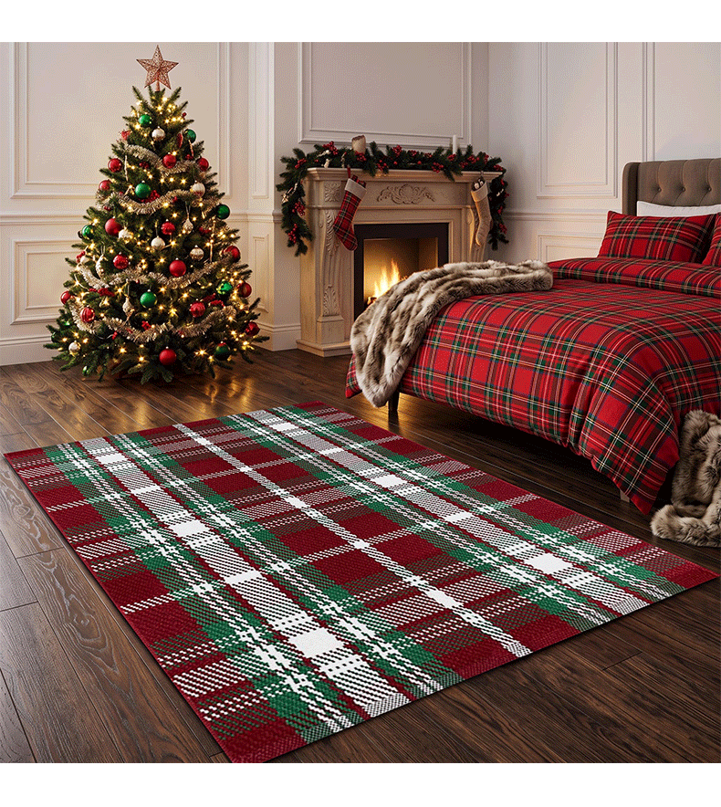 New imitation coconut palm floor mat with Christmas plaid cotton thread set, entrance door mat, hallway decorative carpet, non-slip and wear-resistant