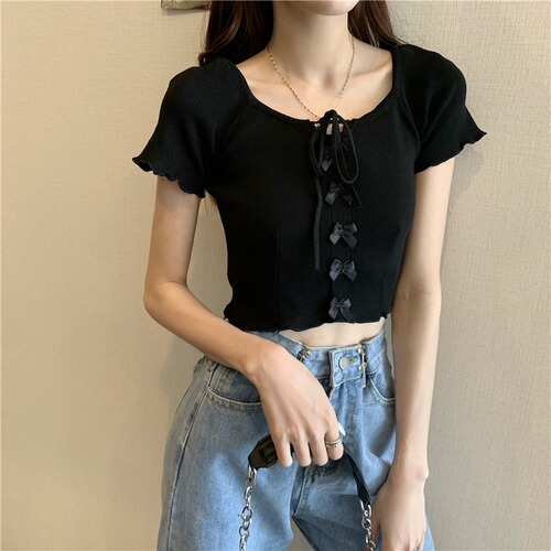 Square neck knitted short-sleeved T-shirt for women in summer niche design short hot girl outfit chic Hong Kong flavor ins trend