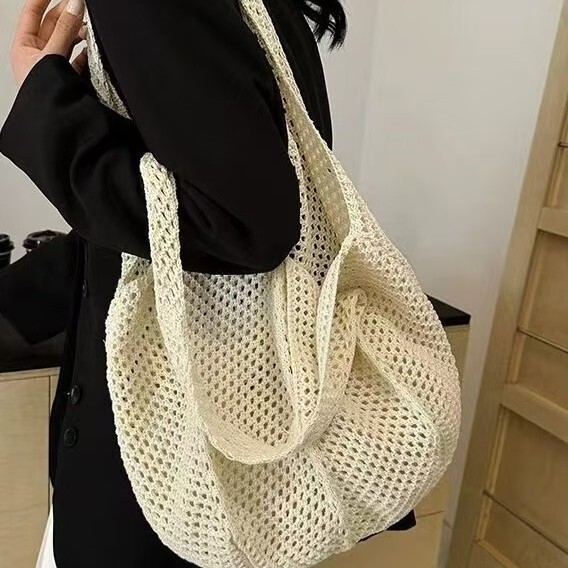 Knitted Bag, Shoulder Bag, Knitted Multifunctional Tote Bag, Women's Summer Large Capacity Open Hollow Hand-Woven Bag