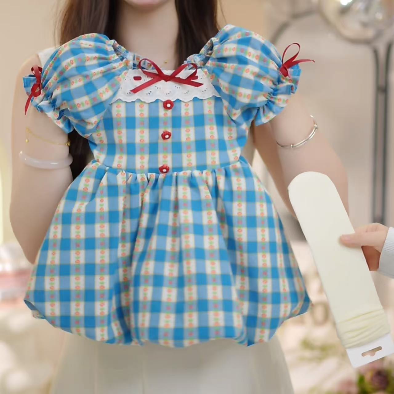 South Korea Girls Summer dress New Blue Plaid Short-sleeved French Kindergarten Children Flower Bud A- line Skirt