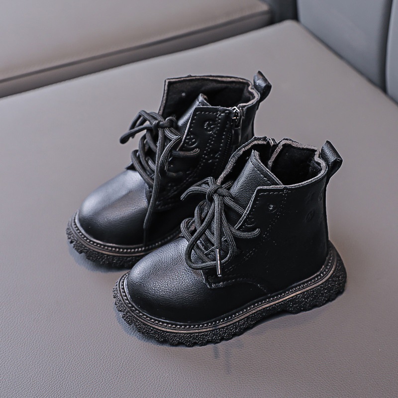 Mid-Short Boots, Boots Design, Women's Thin Velvet Two-Cotton Leather Boots, Children's Boys' Warm Lace-Up Mid-Tube Printed Baby Boots