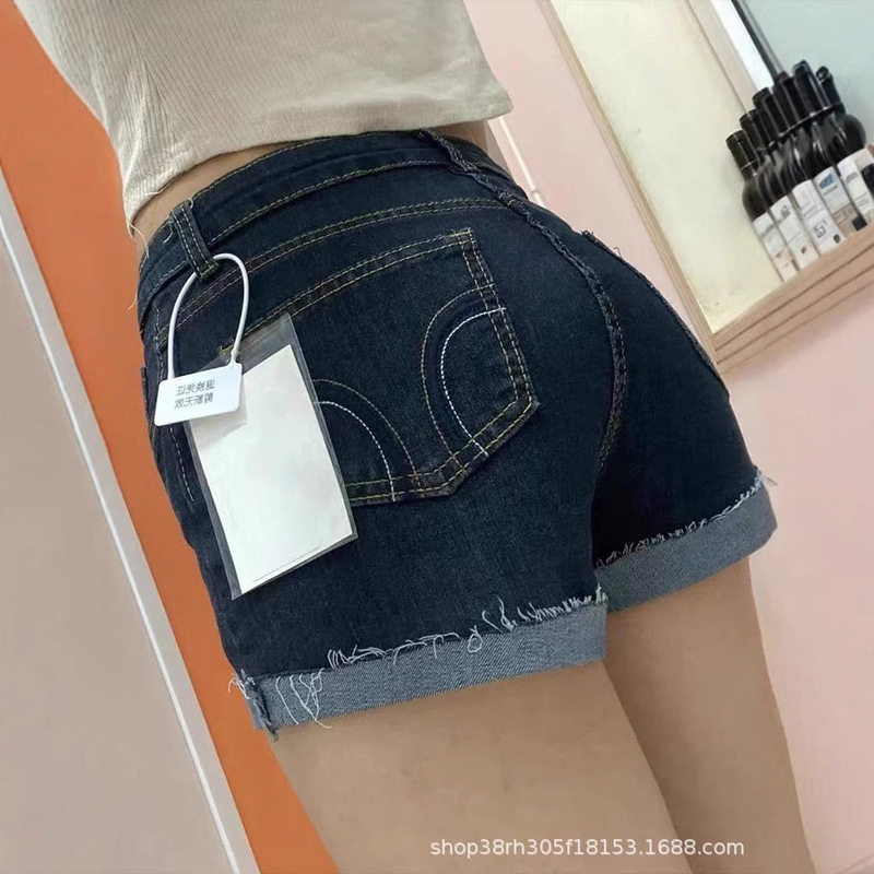 Vintage Blue Denim Shorts with Raw Hem and Rolled Edges for Women, Summer Versatile Petite Hot Pants for Students