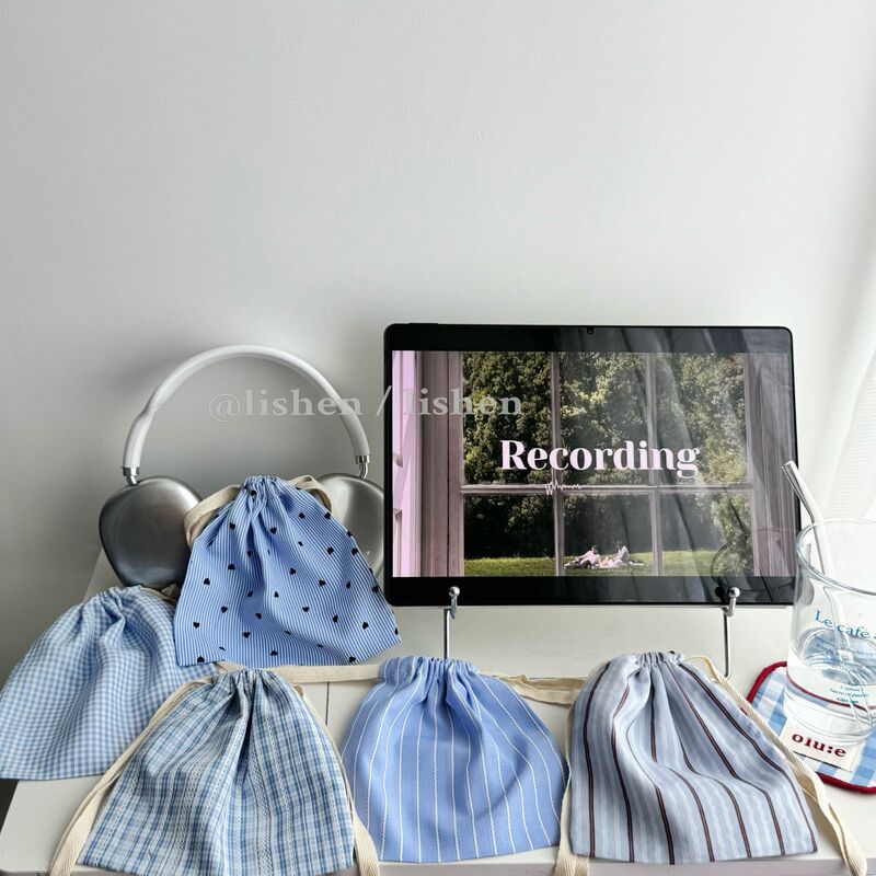 Unique Design Lanyard Bag Blue Plaid Fashion Versatile Striped Bag Travel Miscellaneous Portable Drawstring Pouch Storage Bag