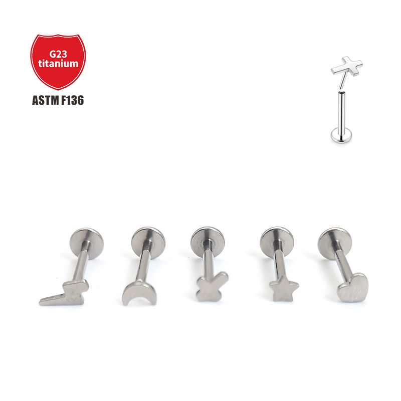 G23 titanium lip nail pin stud earrings Moon star love lightning cross titanium alloy puncture jewelry ear bone stud detail image 5