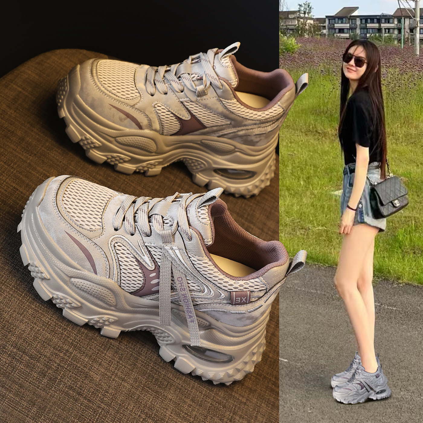 Giày sneaker nữ chunky đế dày lưới thoáng khí tăng chiều cao — màu tím