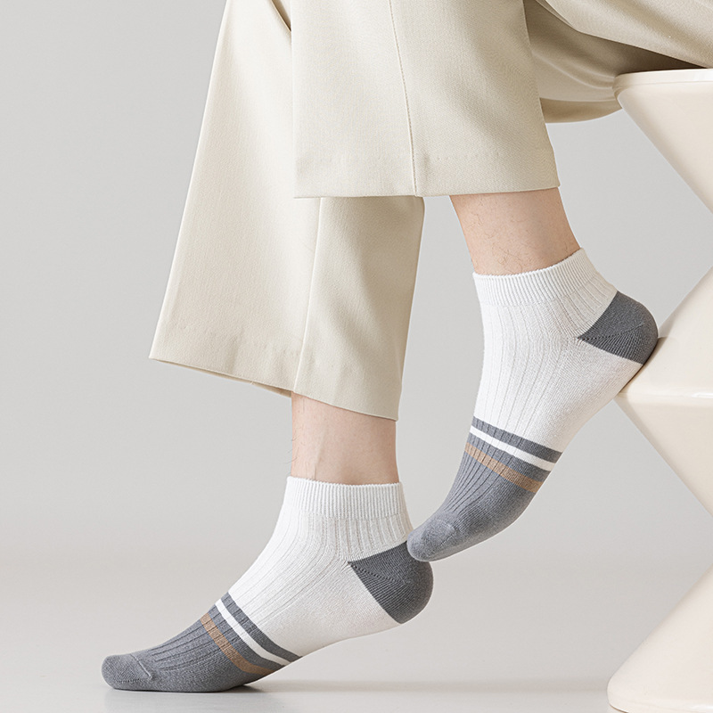Men's Short Socks, Sweat-Absorbent, Double-Needle Thin Boat Socks, Anti-Pilling, Striped, Simple, Breathable Men's Socks