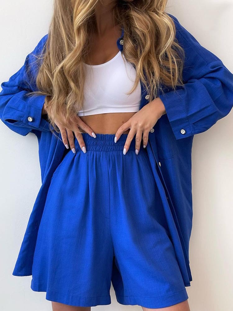 Women's Casual Solid Colour Long Sleeve Loose Sports Shorts Set_voghion.com