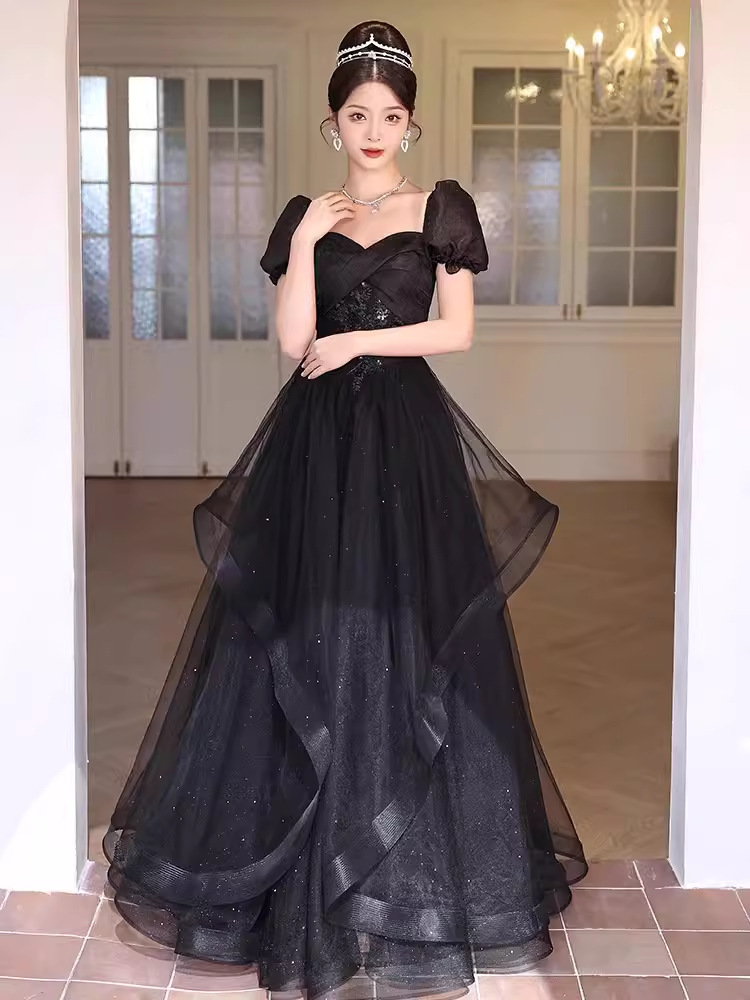 Vestido de noche negro vestido de banquete femenino temperamento lujoso ligero de alto nivel estudiante de alta gama exámenes de arte presidieron el vestido de actuación de mitzvah