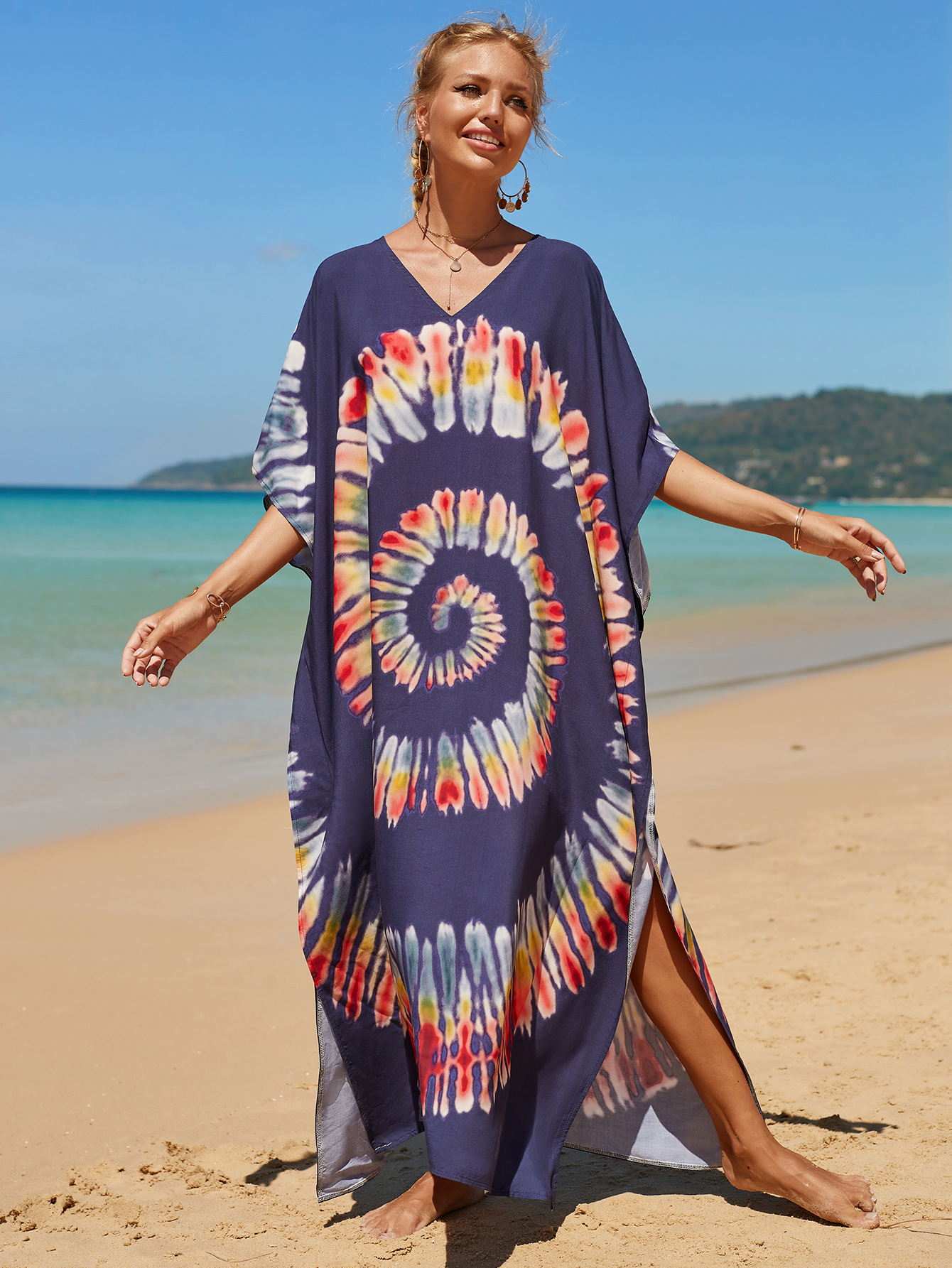 printed loose short sleeve v neck slit beach outdoor cover-up-Multicolor NSMUX131415