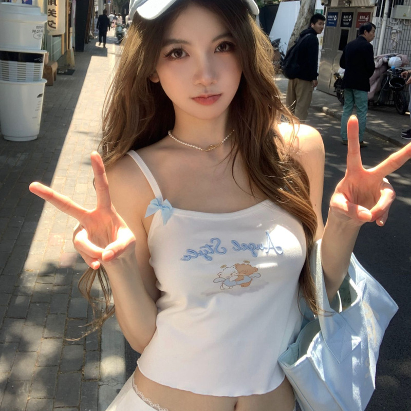 [210g 95 Cotton 40S O'Dell] Pure Cotton Korean Style Bear Print Camisole Women's Summer Bow Top
