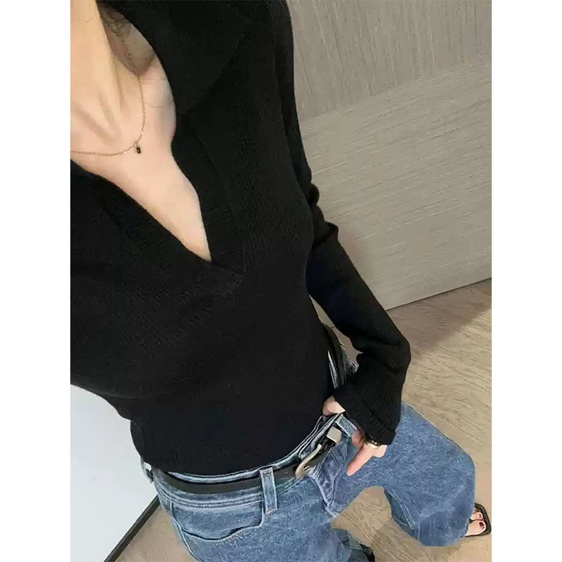 灰色polo领修身羊毛针织衫上衣韩系内搭打底衫翻领毛衣女早秋|undefined