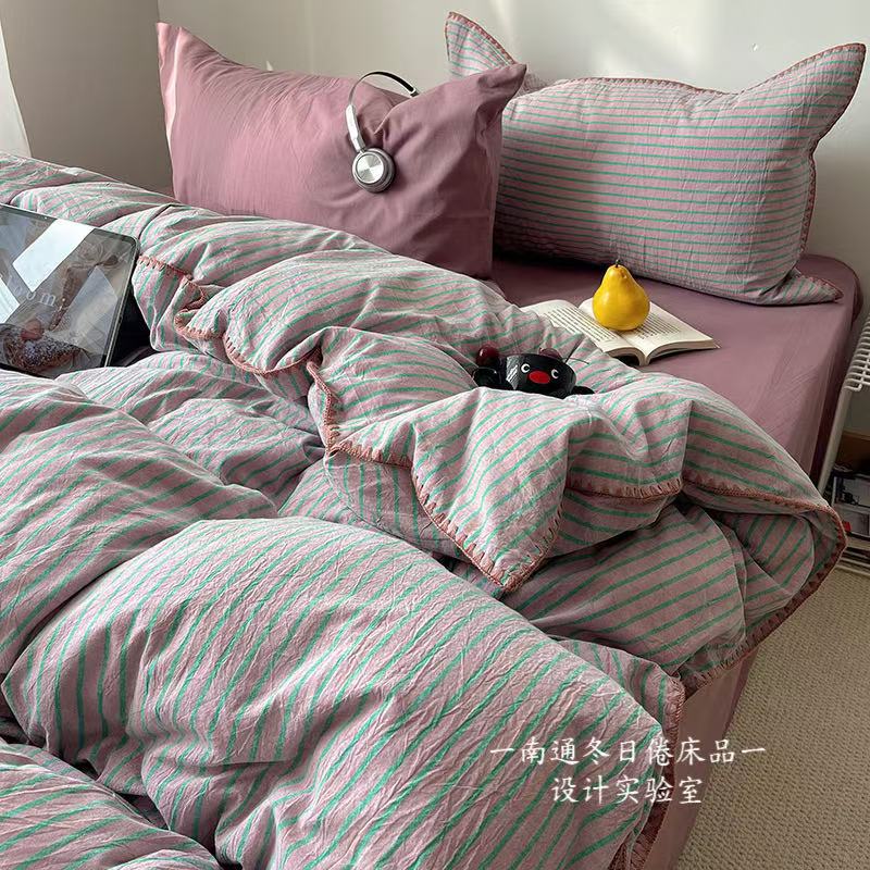 雾屿紫青！ins复古风纯棉水洗棉卧室四件套 简约亲肤全棉床上用品