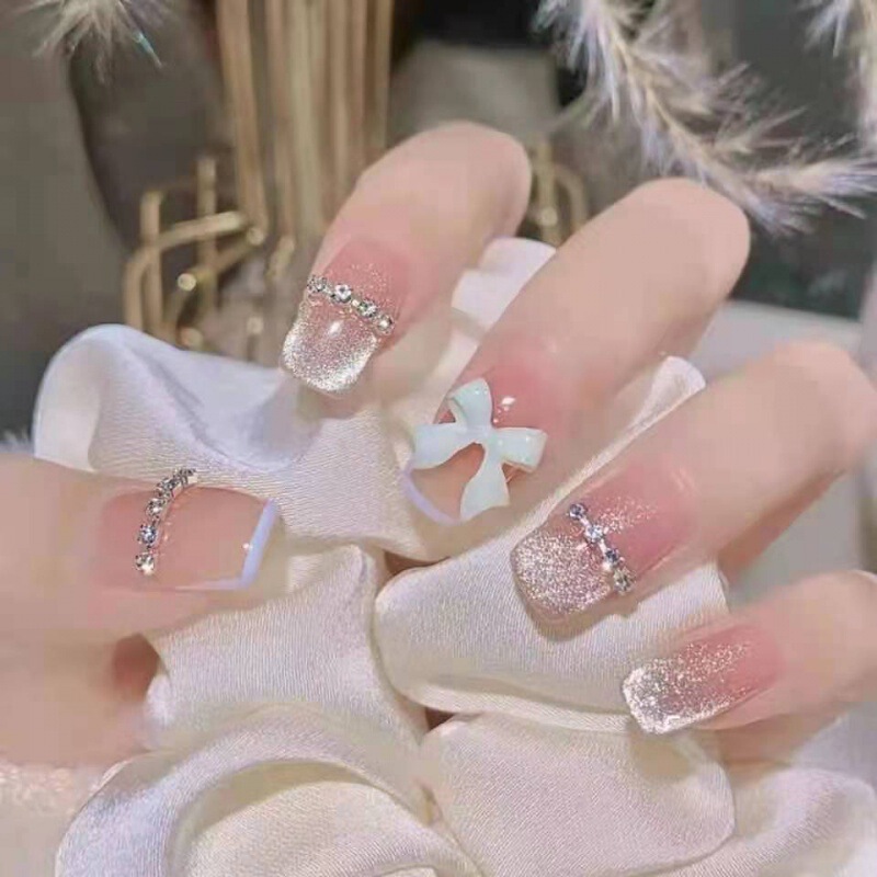 Handmade Wearable Nails Nail Stickers Finished Product Internet Celebrity Chain Rhinestone Ice Nude Color Brightening Xiaohongshu Popular Ins