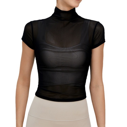 New retro yoga cover-up T-shirt women's high collar quick-drying sports yoga top mesh breathable sun protection yoga clothing