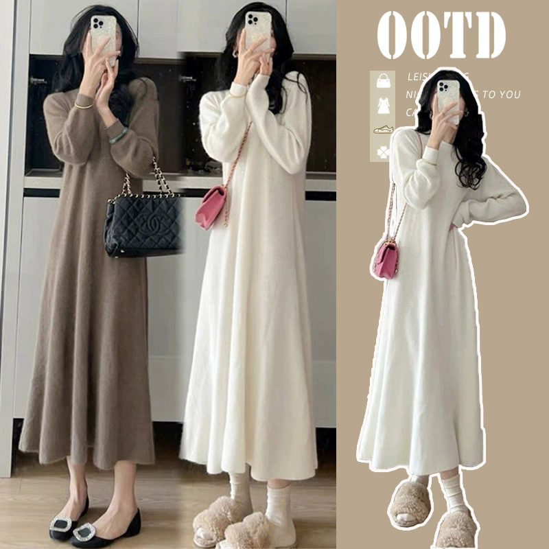 Thermal underwear, dress, long-sleeve, long skirt, french style, bright catchy style, high-quality style, loose fit, oversize
