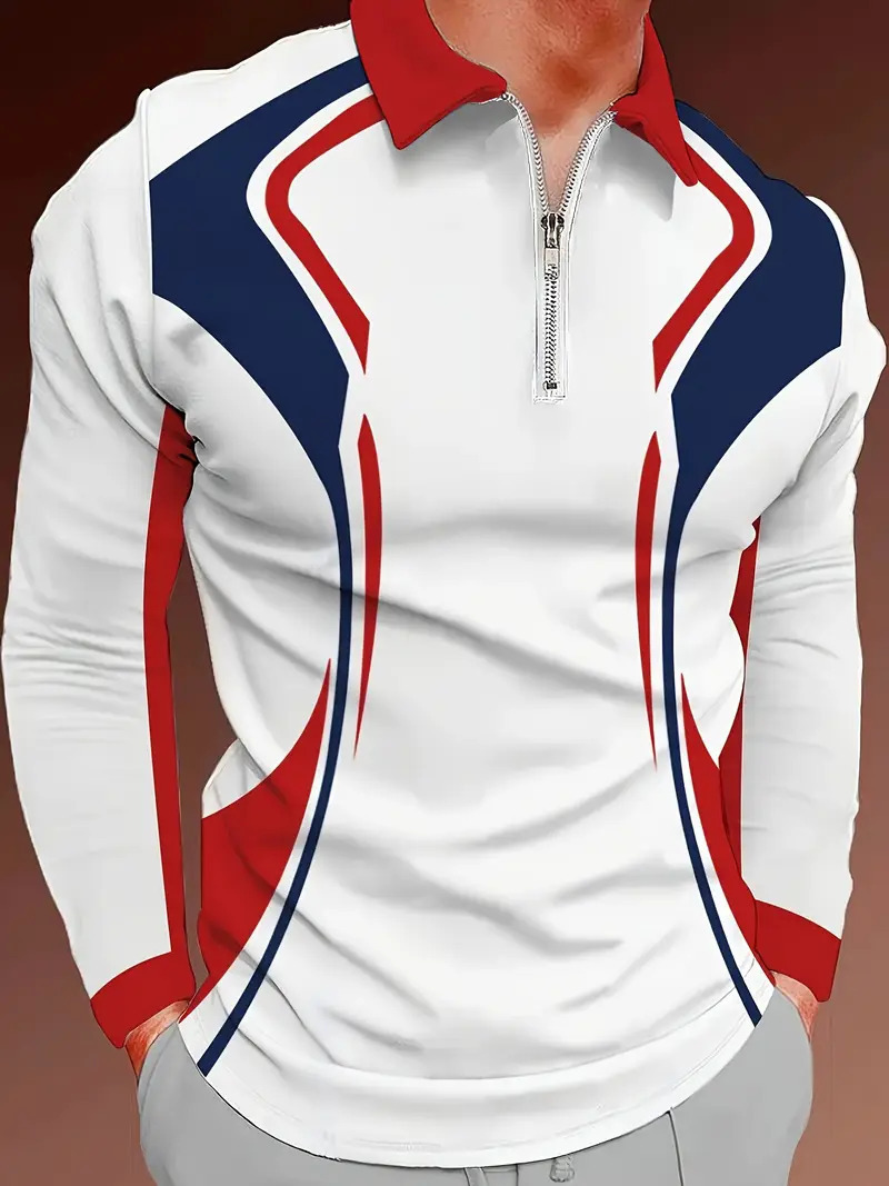 Amazon Independent Station Comercio exterior Nuevo casual Todo-fósforo geométrico solapa manga larga cremallera POLO camisa MB14