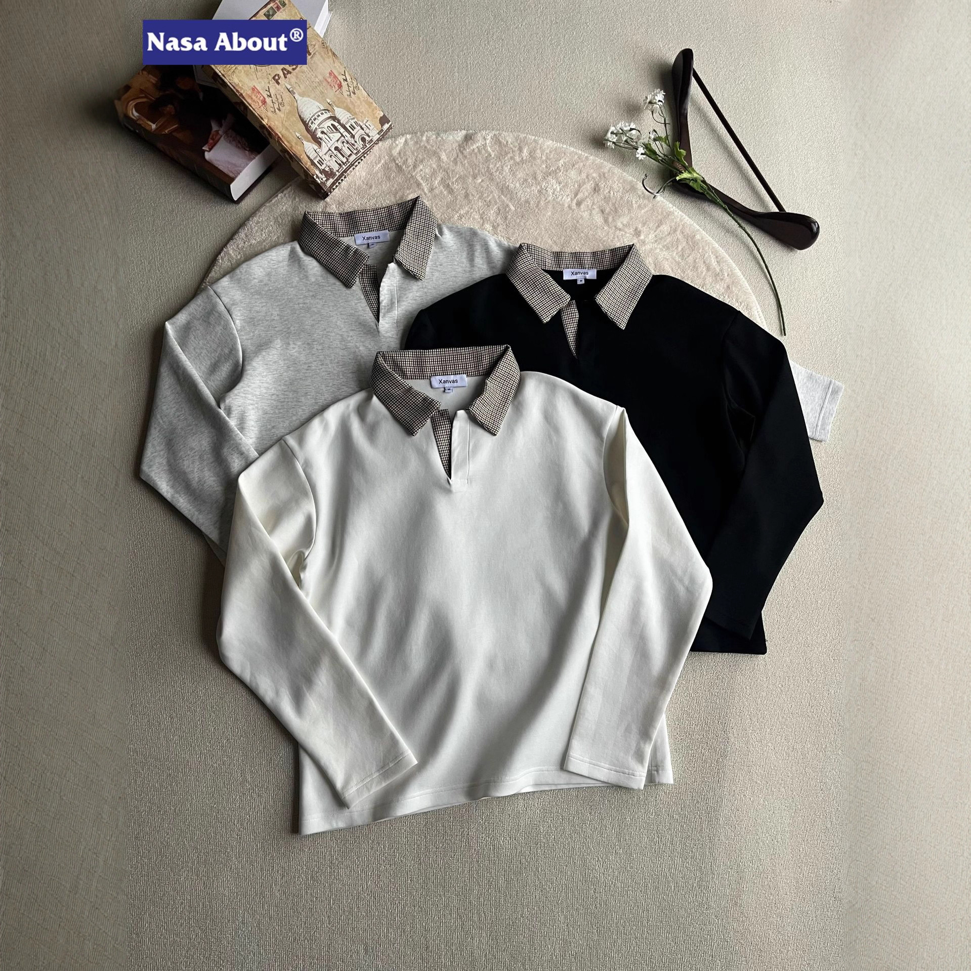 NASA千鸟格拼接polo领短T袖洛卡抗皱空气层长袖t恤老钱风cleanfit