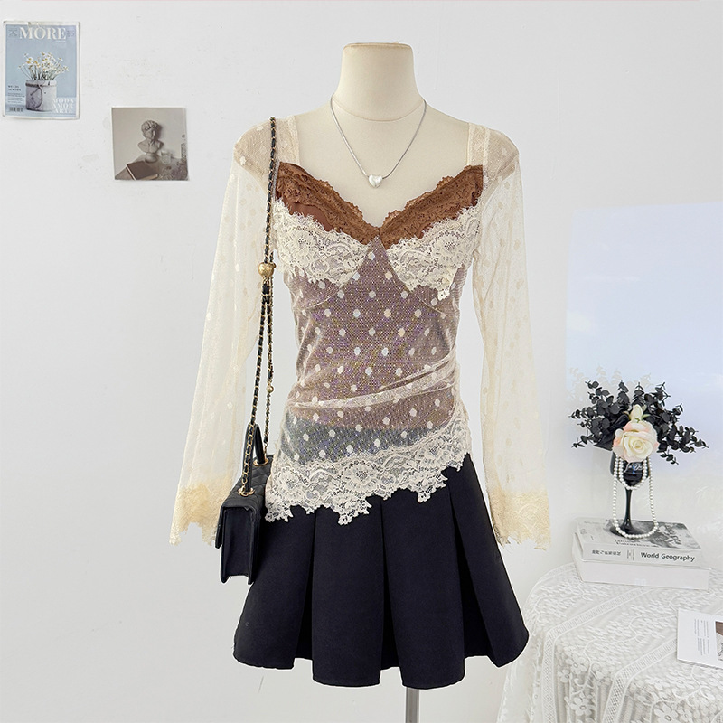 Vintage Spliced Hollow Out Polka Dot Long Sleeve Lace Blouse for Women, Autumn Irregular Slim Fit Beautiful Top Vintage Spliced Hollow Out Polka Dot Long Sleeve Lace Blouse for Women, Autumn Irregular Slim Fit Beautiful Top