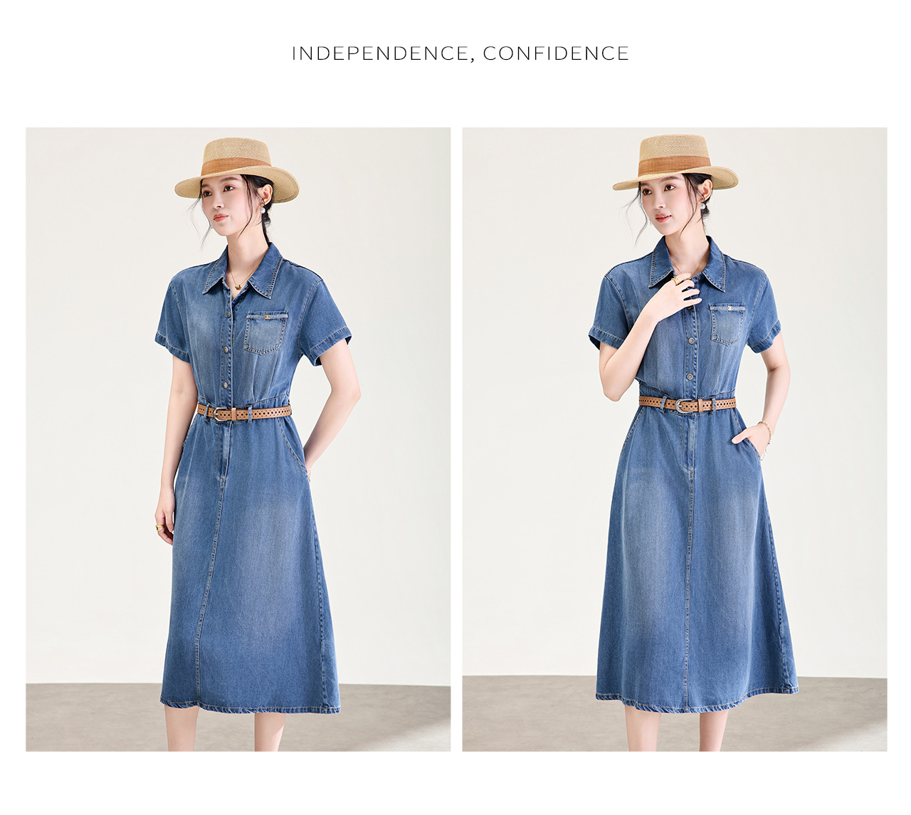 Váy denim nữ cạp cao dáng chữ A tay ngắn mùa hè — Cao bồi xanh chi tiết 13