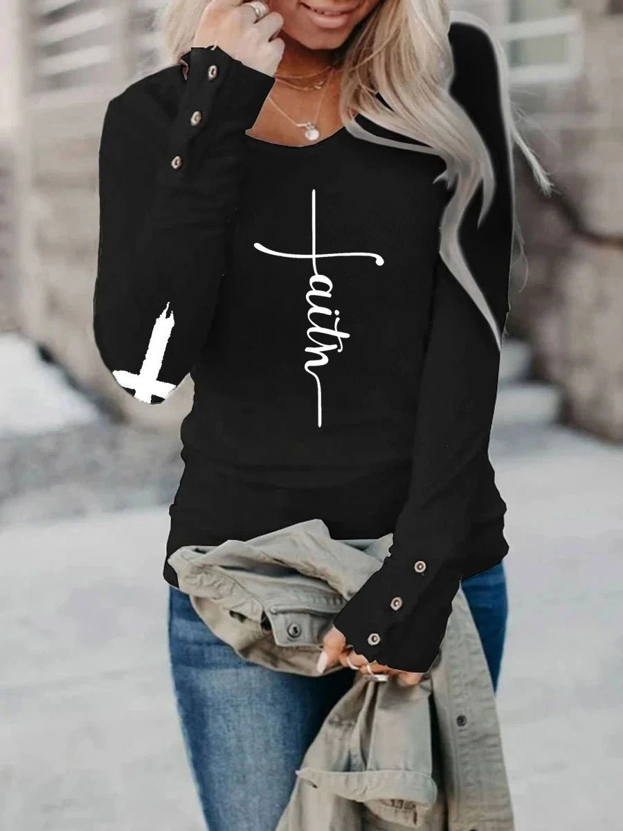 Women's T-shirt Long Sleeve T-shirts Printing Casual Cross Letter display picture 3
