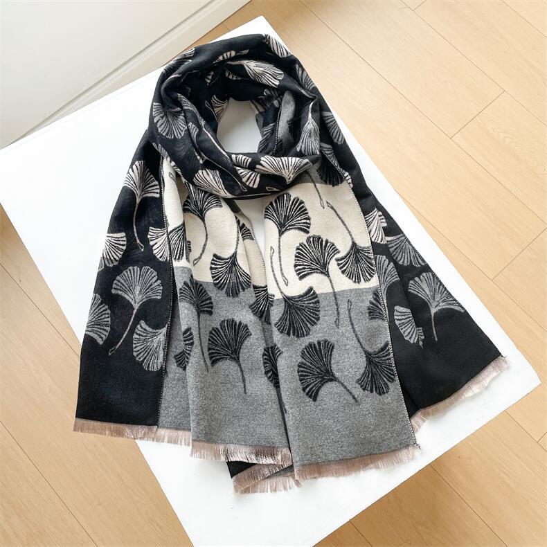 684g Weight Scarf Classification Outdoor, Daily Occasion Imitation cashmere Material Ginkgo Leaf Pattern Autumn&Winter Season Women's Gender Japanese Style, Sweet Style Women's Japanese Style Sweet Ginkgo Leaf Imitation Cashmere Scarf 6