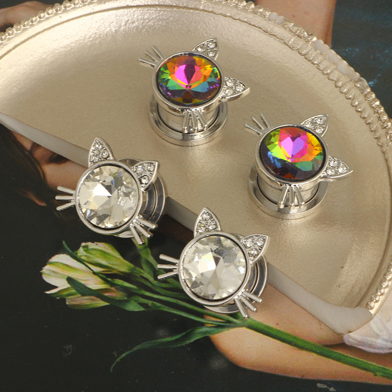 Cross-border Stainless Steel Cat Head Piercing Ear Hole Tool Punk Crystal Earrings detail image 15