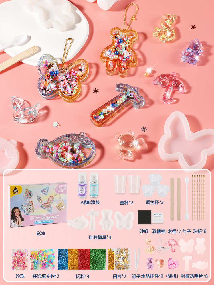 Accesorios de epoxi de cristal de bricolaje hechos a mano para niños, paquete de material, pintura de pegamento sin hornear, mochila, accesorios colgantes, juguetes de juego