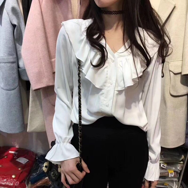 新款春秋季雪纺衫女长袖长袖女设计感宽松小众领荷叶边上衣|undefined
