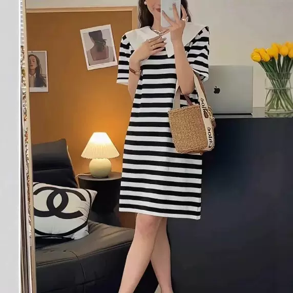 新品夏季针织娃娃领百搭条纹撞色淑女休闲显瘦A字连衣裙大码女装