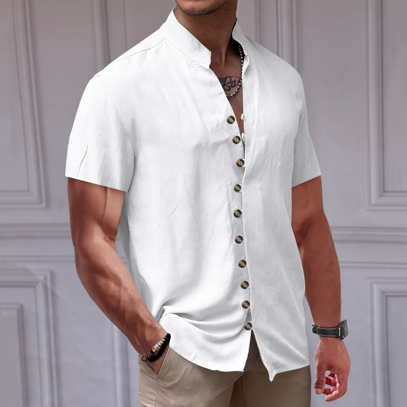 Camicia in lino da uomo con collo alla coreana e bottoni_voghion.com