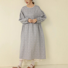 日韩休闲大码女装长袖碎花连衣裙2025秋季新款外贸宽松棉麻长裙MM