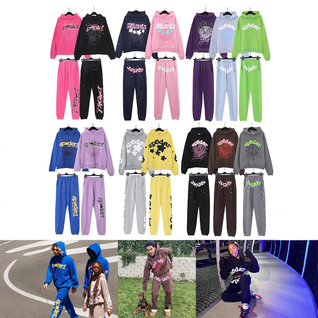 미국 패션 브랜드 Sp5der 555 555 스타 프린트 후드 스웨터 세트 남성과 여성
