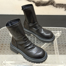 新款褶皱瘦瘦短靴女2025秋冬新款粗跟堆堆靴厚底英伦风加绒马丁靴