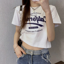 白色纯棉字母短袖T恤女夏2024新款欧货修身短款上衣小衫打底衫ins