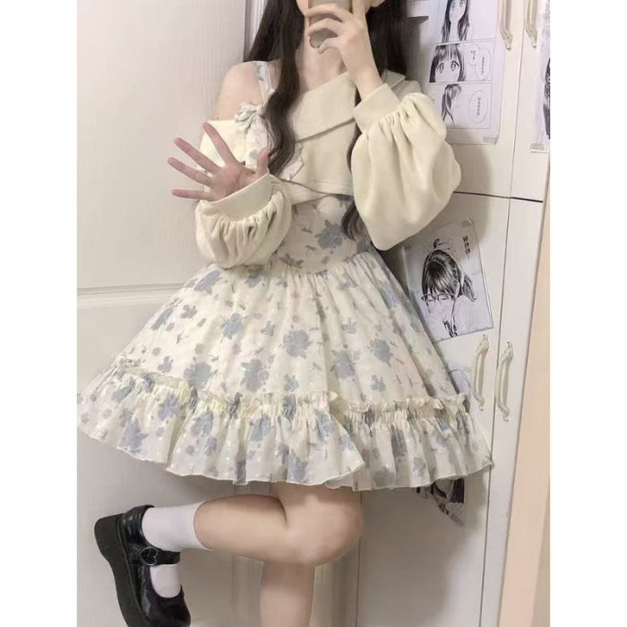洛丽塔连衣裙秋冬新款学院风碎花吊带裙甜美露肩蓬蓬蛋糕裙少女|undefined