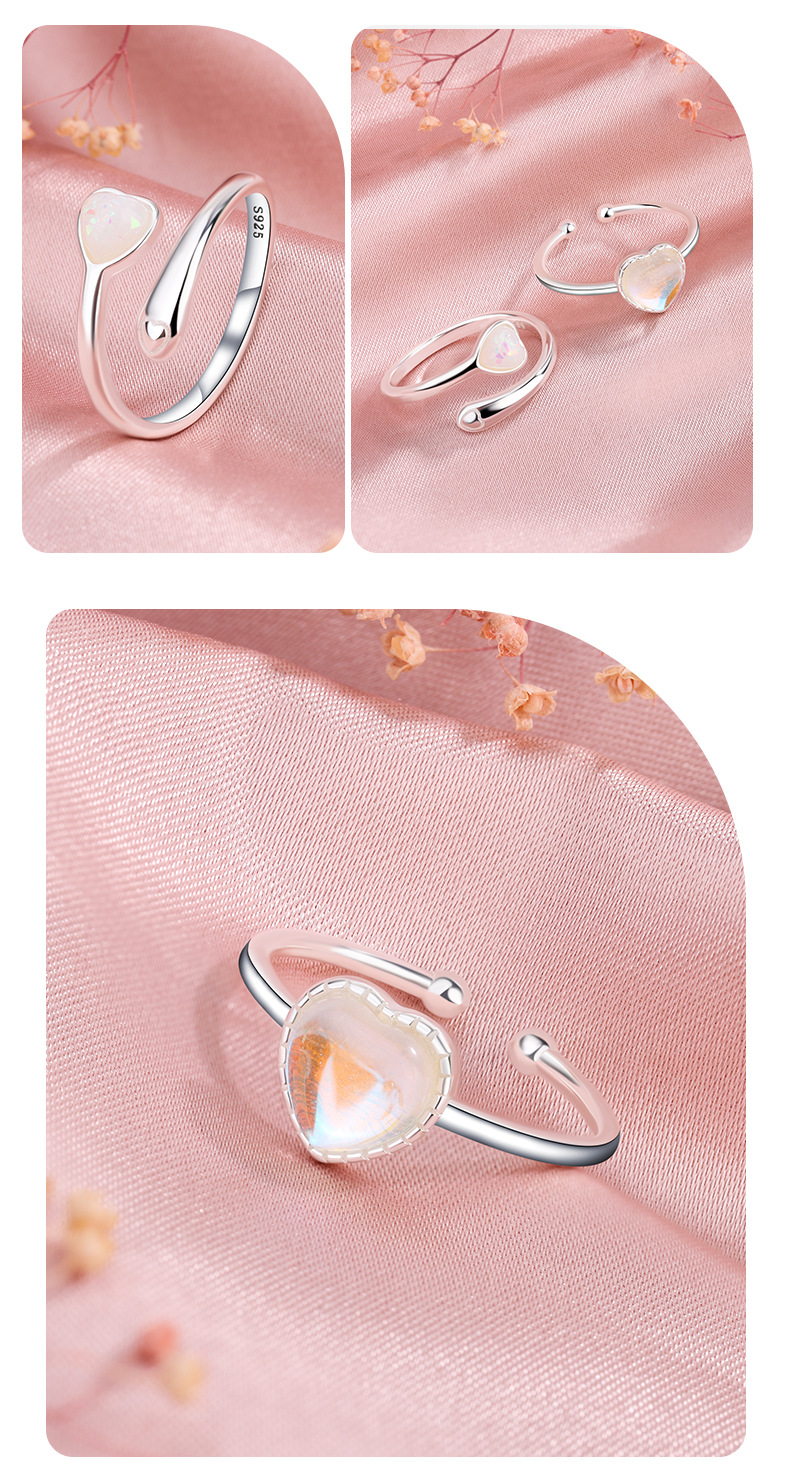 8g Weight Moonstone Inlay Material Open Rings Classification Adjustable Ring Size 925 Sterling Silver Moonstone Heart Shape Open Rings