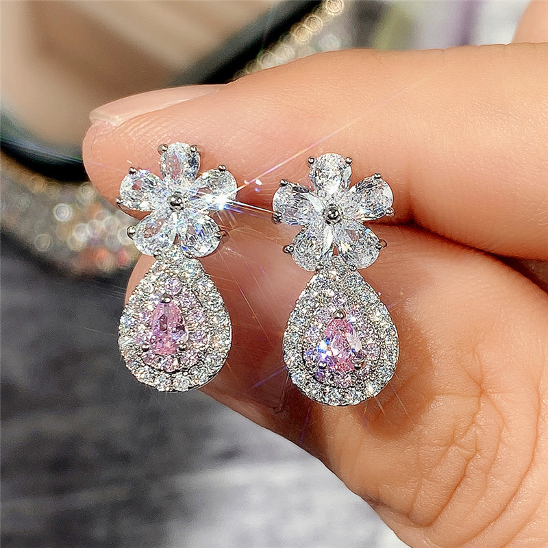 Pendientes largos de corazón rosa estilo flor de lujo_voghion.com