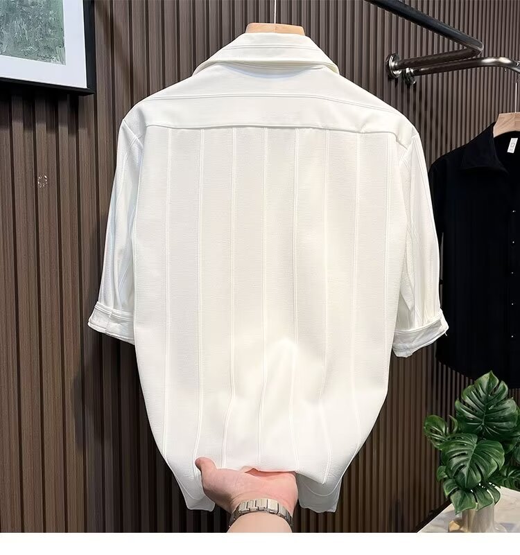 Camicia uomo a maniche corte a righe in misto seta casual_voghion.com