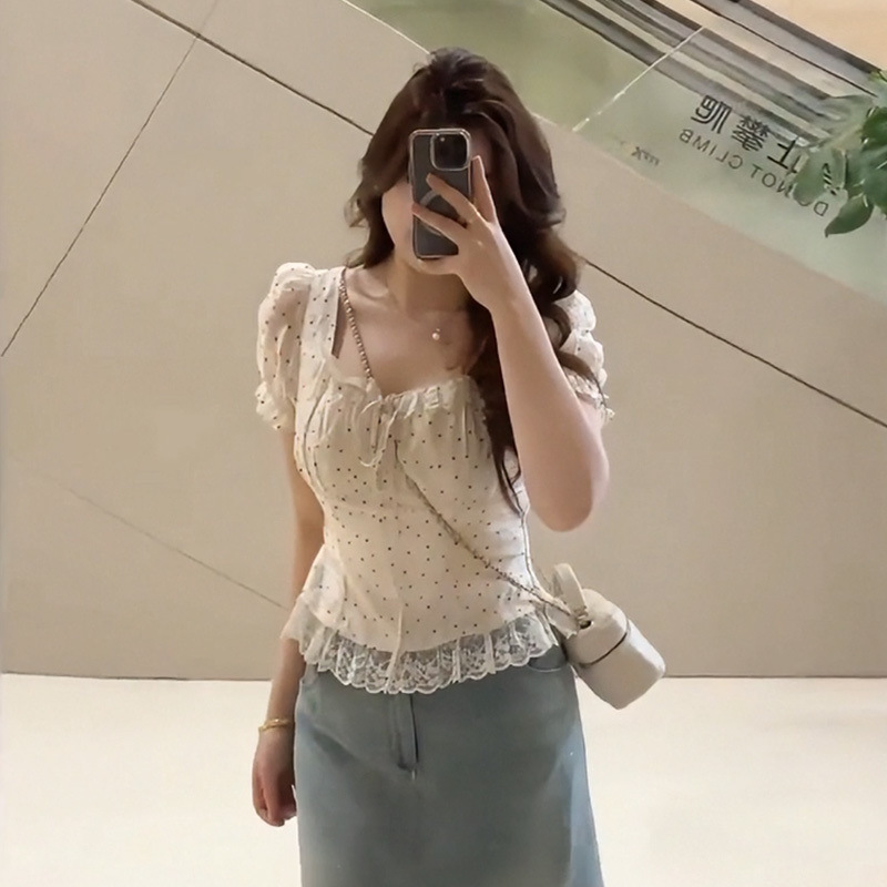 plus size chubby girl French White Polo Dot Lace Short-sleeved Shirt Women's 2025 Summer Slim-fit Short Top