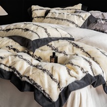 轻奢床品皮草感兔毛绒四件套牛奶绒冬加厚条纹珊瑚绒被套床上用品