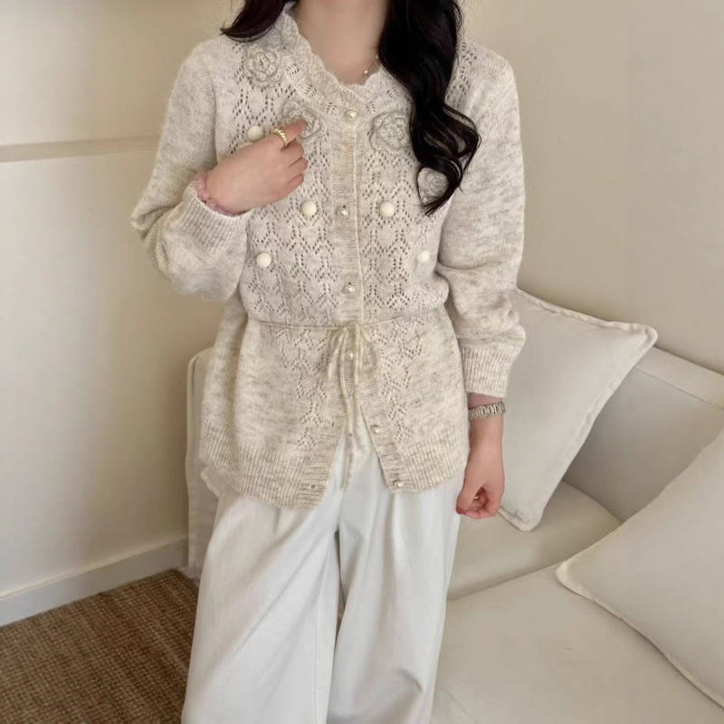 法式花朵长袖针织外套女秋装镂空马海毛上衣开衫辣妹绑带女装毛衣|undefined