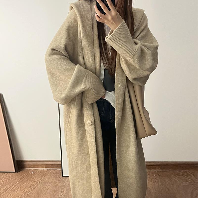 秋冬慵懒风长款毛衣开衫外套蝙蝠袖女连帽宽松韩版针织大衣A6142|undefined