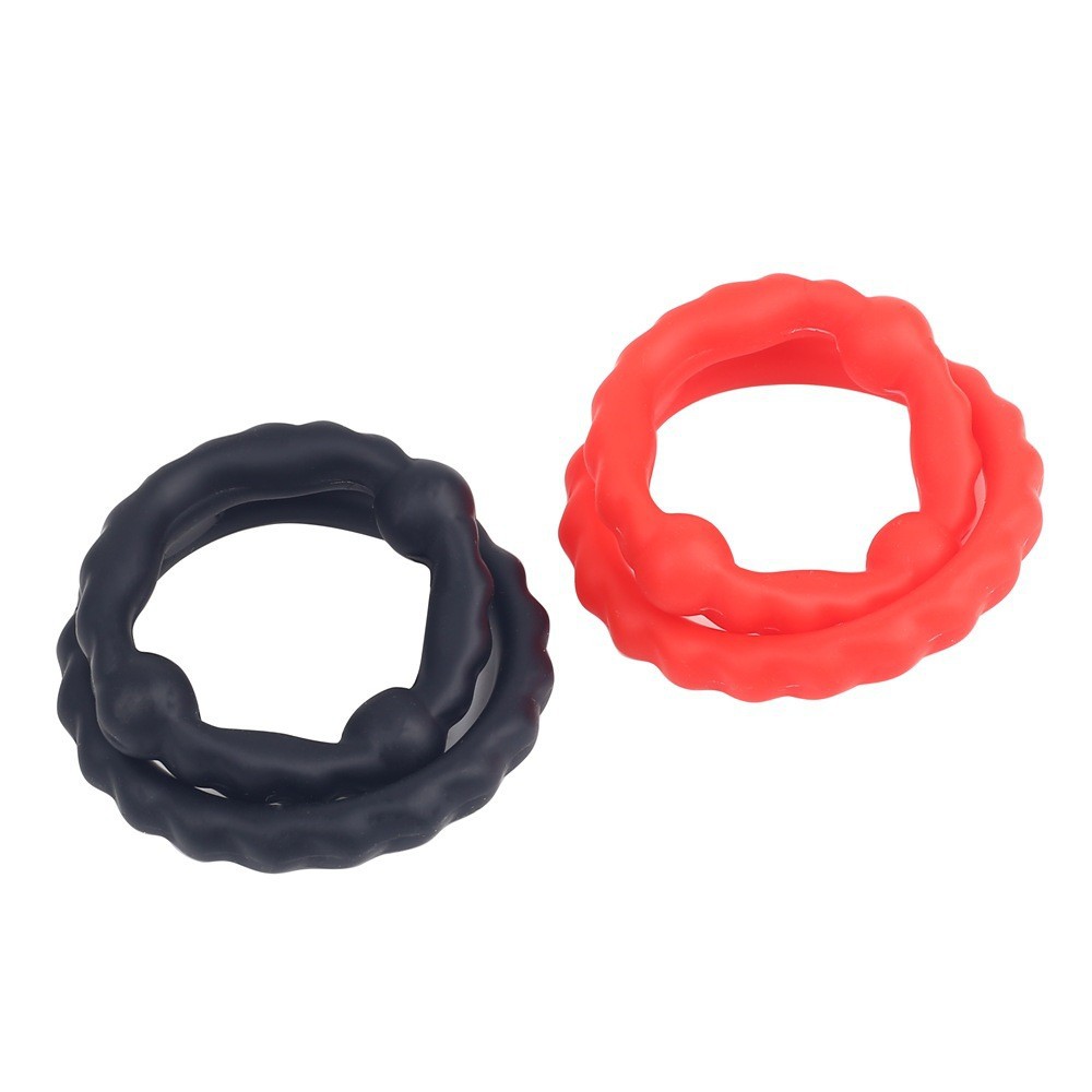 Locking Double Ring Silicone Delay Cock Ring, Black, Non-vibrating — detail image 1