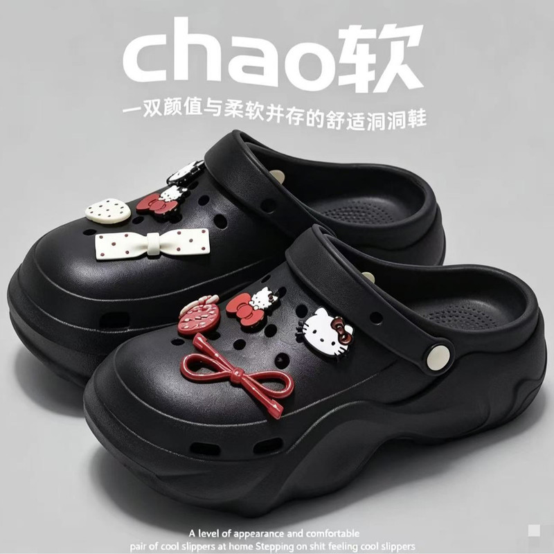 Arch Support Eva Clogs for Women with Cartoon Red Bow Cat Design, Versatile, Fashionable, Non-Slip, Wear-Resistant, Thick-Soled, Closed-Toe Slippers