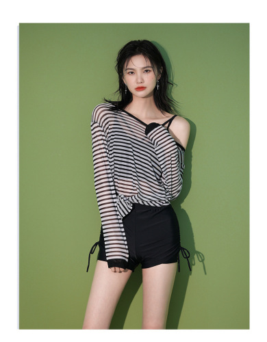 Split three-piece swimsuit women's long-sleeved sun protection cover-up boxer briefs slimming stripes conservative hot spring swimmers only