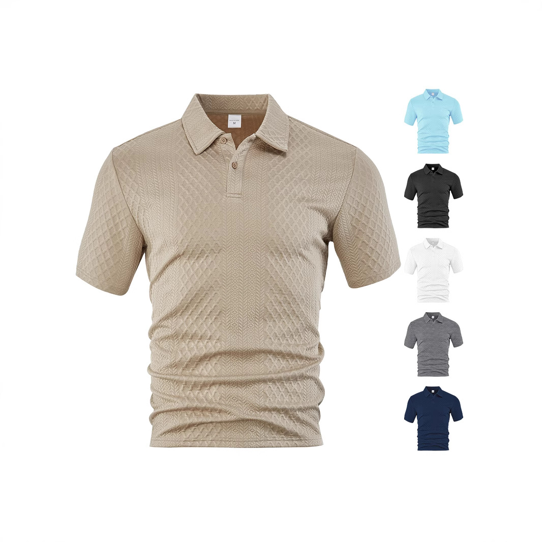 Ropa de hombre transfronteriza europea y americana estilo fino de verano suelto transpirable casual color sólido jacquard solapa camisa polo de hombre de manga corta