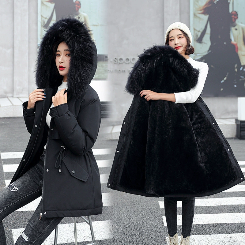 Куртка-парка средней длины oversize для женщин, зимняя с капюшоном и отделкой из искусственного меха, размер M–XXXL